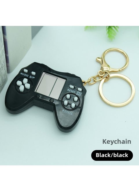 Handheld Mini Video Game Machine Tetris Nostalgic Creative Decompression Keychain Hanging Toys Small Gifts-Color:Black + Keychain