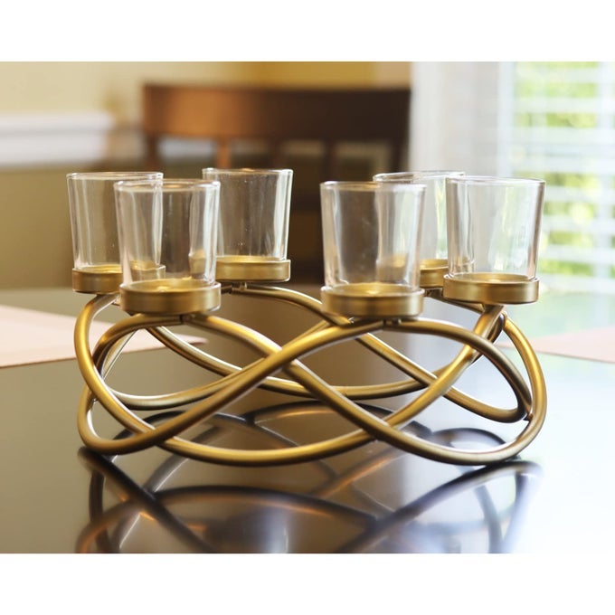 IRON ROUND TABLE DECOR CENTERPIECE DECORATIONS CANDLE HOLDER FOR WEDDINGS OUTDOOR PATIO KITCHEN DINING ROOM AND COFFEE TABLES GLASS VOTIVE TEALIGHT HOLDERS GOLD 6 CLEAR CUPS
