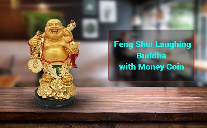 RIPE INDIA ® Laughing Buddha with Back Potli and Money Coin (Gold, H X 11 Cm) - Image 3