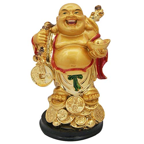 RIPE INDIA ® Laughing Buddha with Back Potli and Money Coin (Gold, H X 11 Cm) - Image 1