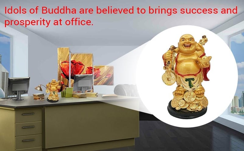 RIPE INDIA ® Laughing Buddha with Back Potli and Money Coin (Gold, H X 11 Cm) - Image 5
