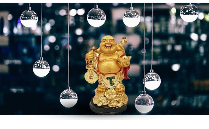 RIPE INDIA ® Laughing Buddha with Back Potli and Money Coin (Gold, H X 11 Cm) - Image 2