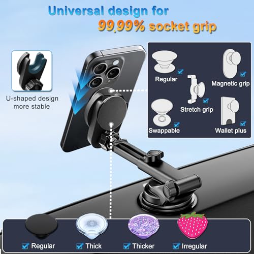 JCTRIWAY for Pop Socket Car Mount, Suction Cup Socket Grip Holder for Car with Strong 3M Sticky Adhesive, Dashboard Windshield Car Phone Holder Works for Popsocket, Fits All Smartphones with Pop Grip - Image 3