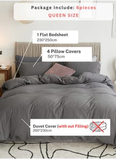 LUNA Home Queen Size 6 Pieces Bedding Set, Washable Cotton Dark Gray.  - Image 2