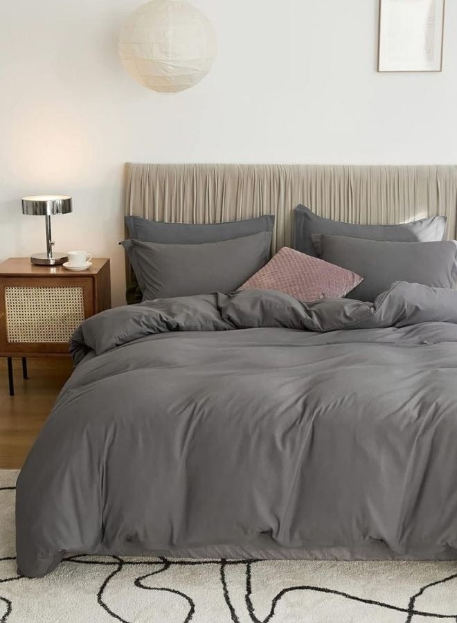 LUNA Home Queen Size 6 Pieces Bedding Set, Washable Cotton Dark Gray. - Image 1