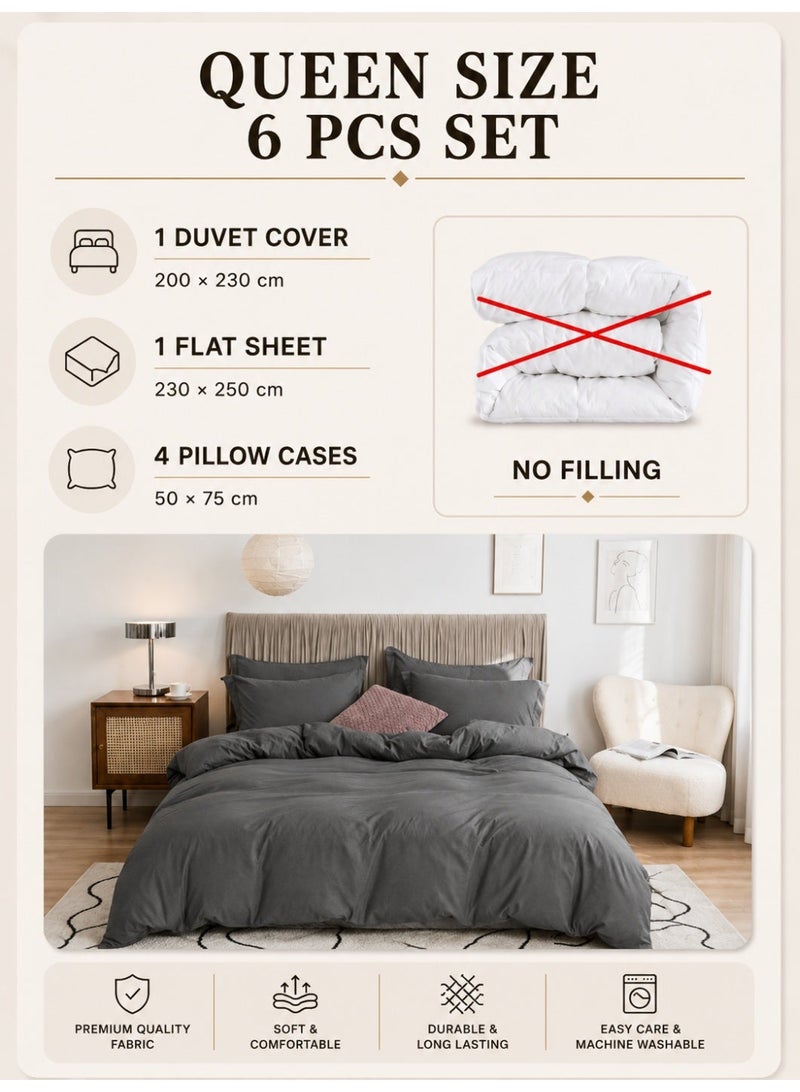 LUNA Home Queen Size 6 Pieces Bedding Set, Washable Cotton Dark Gray. - Image 2