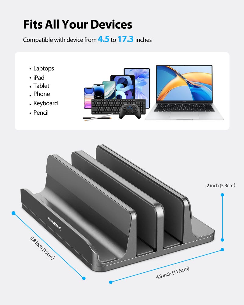 AboveTEK Vertical Laptop Stand, 3 Slots Aluminum Desk Laptop Holder & Laptop Docking Station Stand for MacBook, Tablet, Phone - Universal Fit (Up to 17.3") - Heavy Duty Polished, Anti Slide - Grey - Image 3