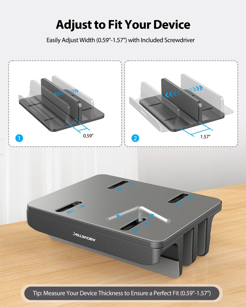 AboveTEK Vertical Laptop Stand, 3 Slots Aluminum Desk Laptop Holder & Laptop Docking Station Stand for MacBook, Tablet, Phone - Universal Fit (Up to 17.3") - Heavy Duty Polished, Anti Slide - Grey - Image 4