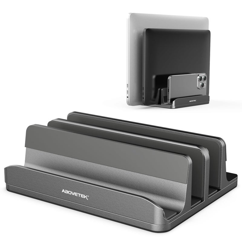 AboveTEK Vertical Laptop Stand, 3 Slots Aluminum Desk Laptop Holder & Laptop Docking Station Stand for MacBook, Tablet, Phone - Universal Fit (Up to 17.3") - Heavy Duty Polished, Anti Slide - Grey - Image 1
