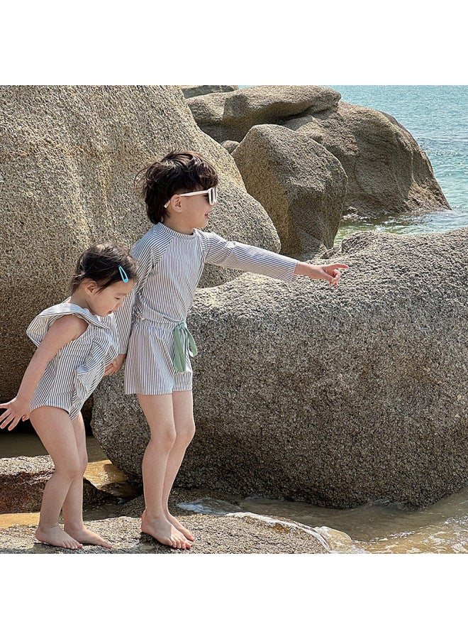 إسكدنيا ملابس سباحة كورية للأطفال للأولاد والبنات، ملابس سباحة مخططة سريعة الجفاف، ملابس سباحة مخططة بأكمام طويلة، ملابس سباحة كاجوال على الطراز الغربي - اللون: صبي، المقاس: 140 - Image 2