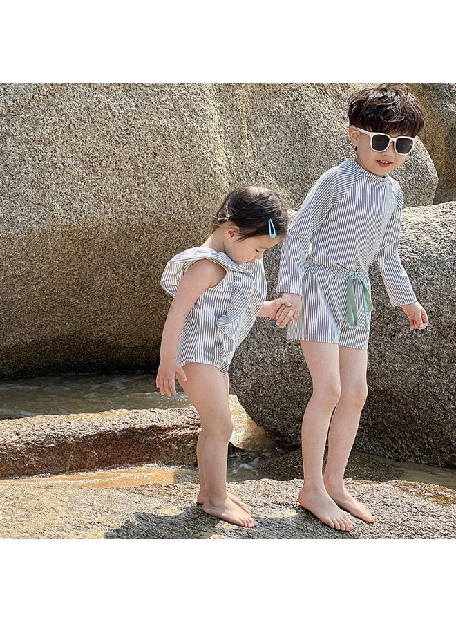 إسكدنيا ملابس سباحة كورية للأطفال للأولاد والبنات، ملابس سباحة مخططة سريعة الجفاف، ملابس سباحة مخططة بأكمام طويلة، ملابس سباحة كاجوال على الطراز الغربي - اللون: صبي، المقاس: 140 - Image 1