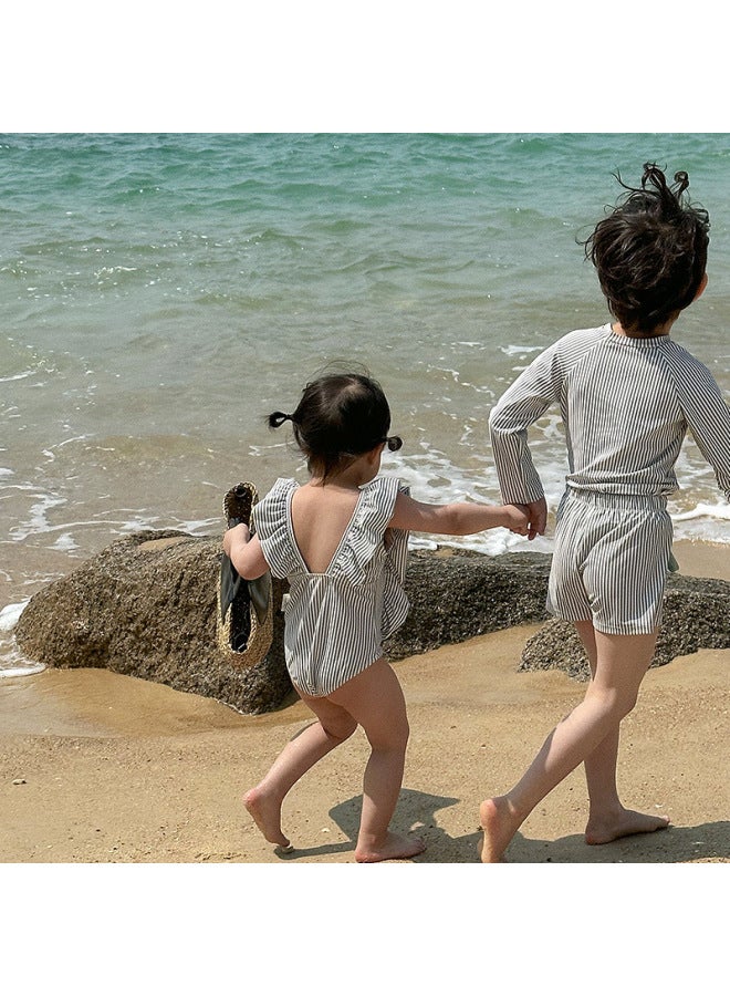 إسكدنيا ملابس سباحة كورية للأطفال للأولاد والبنات، ملابس سباحة مخططة سريعة الجفاف، ملابس سباحة مخططة بأكمام طويلة، ملابس سباحة كاجوال على الطراز الغربي - اللون: صبي، المقاس: 140 - Image 4