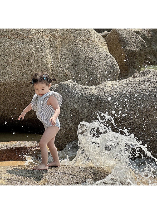 إسكدنيا ملابس سباحة كورية للأطفال للأولاد والبنات، ملابس سباحة مخططة سريعة الجفاف، ملابس سباحة مخططة بأكمام طويلة، ملابس سباحة كاجوال على الطراز الغربي - اللون: صبي، المقاس: 140 - Image 3