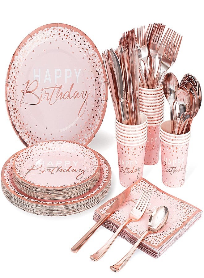 Tyzarglef 175PCS Happy Birthday Plates and Napkins Party Supplies, Paper Pink and Rose Gold Plastic Forks Knives Spoons Serve 25 Guests for Girl Women - Image 1