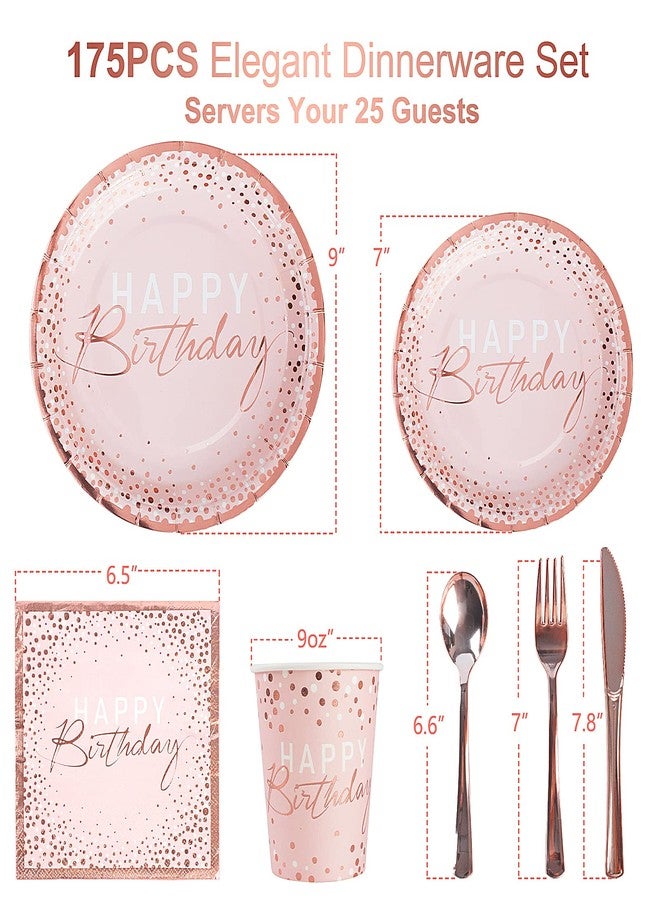 Tyzarglef 175PCS Happy Birthday Plates and Napkins Party Supplies, Paper Pink and Rose Gold Plastic Forks Knives Spoons Serve 25 Guests for Girl Women - Image 2