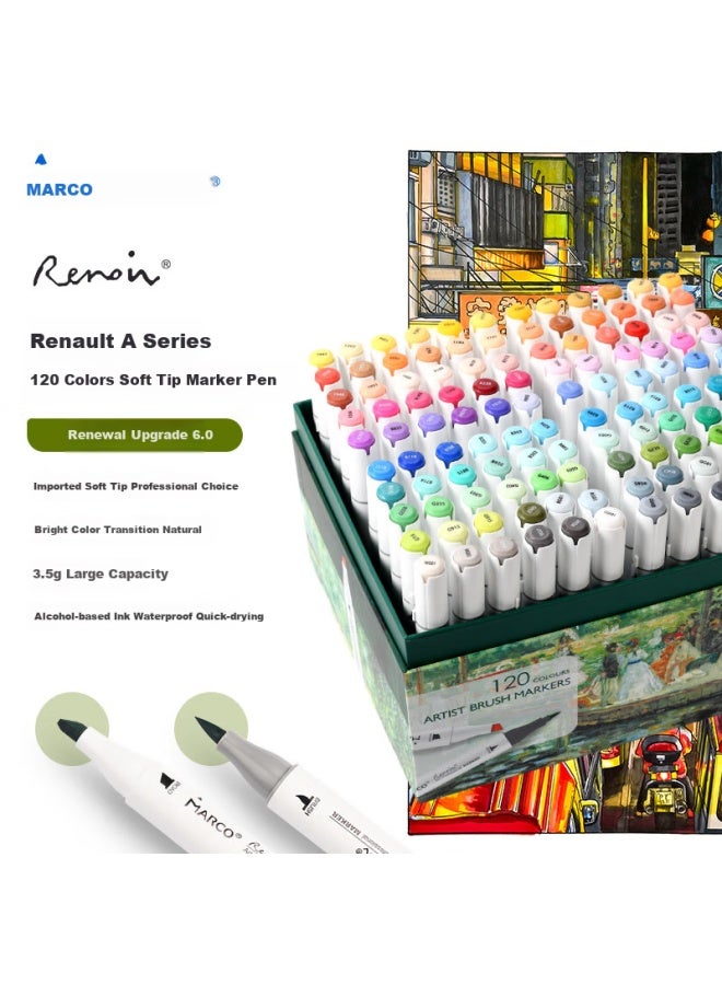 Marco Renoah Series Imported Sponge Soft-tip Markers, 6th Generation, 120 Colors, Art Design, Student Professional Drawing Set, Dual-tip Alcohol Ink, Gift Box Set, Back-to Gift - Image 1