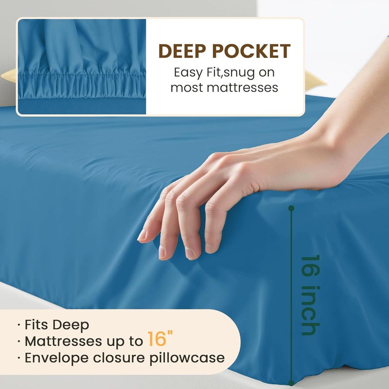 USXIBEI Queen Size 4 Piece Bed Sheet Set - Ultra Imitation Cotton-Premium Breathable & Cooling Sheets - Hotel Luxury Bed Sheets Deep Pocket up to 15"- Wrinkle, Fade, Stain Resistant (Denim Blue, Queen) - Image 5
