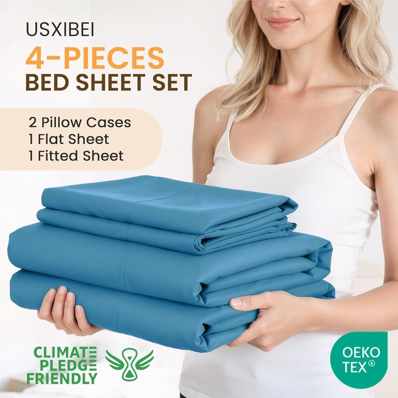 USXIBEI Queen Size 4 Piece Bed Sheet Set - Ultra Imitation Cotton-Premium Breathable & Cooling Sheets - Hotel Luxury Bed Sheets Deep Pocket up to 15"- Wrinkle, Fade, Stain Resistant (Denim Blue, Queen) - Image 2