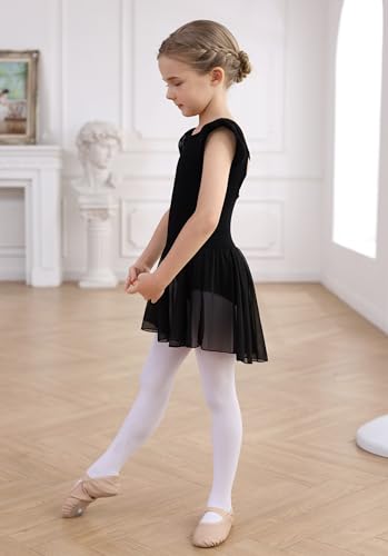 MdnMd Girls Dance Ballet Leotards Dresses for Toddler Ballerina Outfit Skirt Hollow Knot Back Flutter Sleeve (Black, 6-8 Years) - Image 4