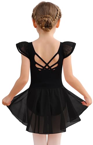 MdnMd Girls Dance Ballet Leotards Dresses for Toddler Ballerina Outfit Skirt Hollow Knot Back Flutter Sleeve (Black, 6-8 Years) - Image 1