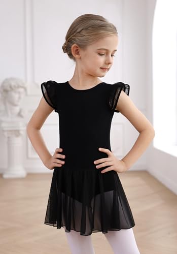 MdnMd Girls Dance Ballet Leotards Dresses for Toddler Ballerina Outfit Skirt Hollow Knot Back Flutter Sleeve (Black, 6-8 Years) - Image 2