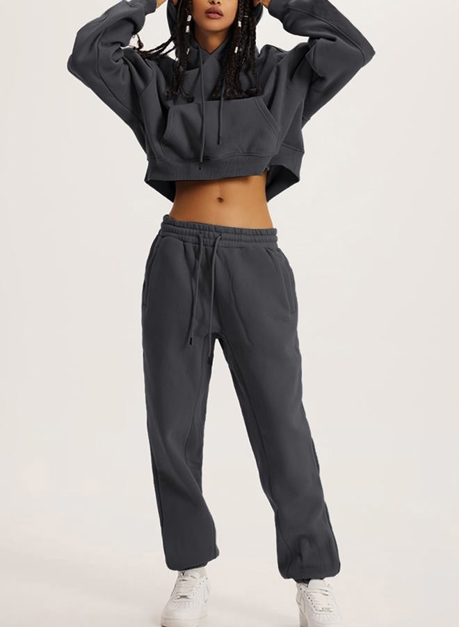 Flygo Womens Fleece 2 Piece Outfits Sweatsuit Crop Pullover Sweatshirt Joggers Pants Tracksuit Set, Darkdrey, XL - Image 4