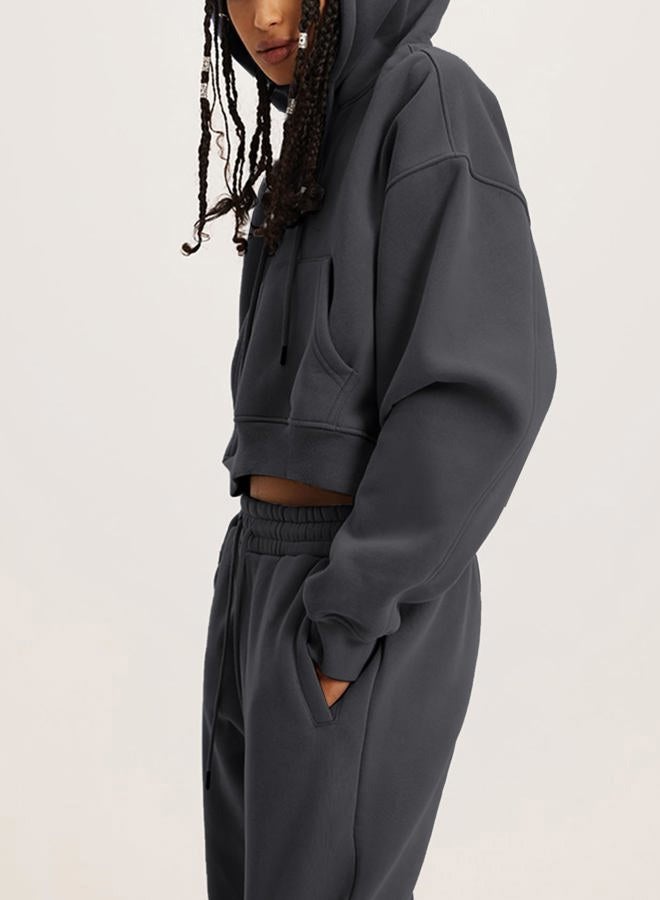 Flygo Womens Fleece 2 Piece Outfits Sweatsuit Crop Pullover Sweatshirt Joggers Pants Tracksuit Set, Darkdrey, XL - Image 3