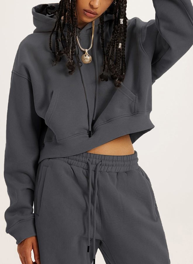 Flygo Womens Fleece 2 Piece Outfits Sweatsuit Crop Pullover Sweatshirt Joggers Pants Tracksuit Set, Darkdrey, XL - Image 2