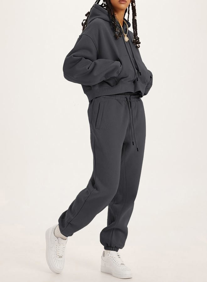 Flygo Womens Fleece 2 Piece Outfits Sweatsuit Crop Pullover Sweatshirt Joggers Pants Tracksuit Set, Darkdrey, XL - Image 5