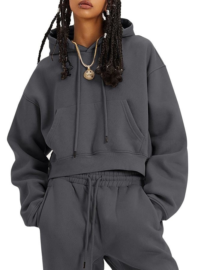 Flygo Womens Fleece 2 Piece Outfits Sweatsuit Crop Pullover Sweatshirt Joggers Pants Tracksuit Set, Darkdrey, XL - Image 1