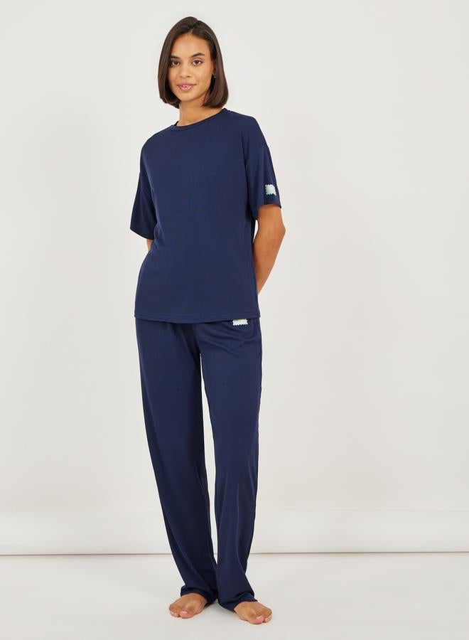 Styli Rib Cow Girl Print Dropped Shoulder T-Shirt and Pyjama Set  - Image 1