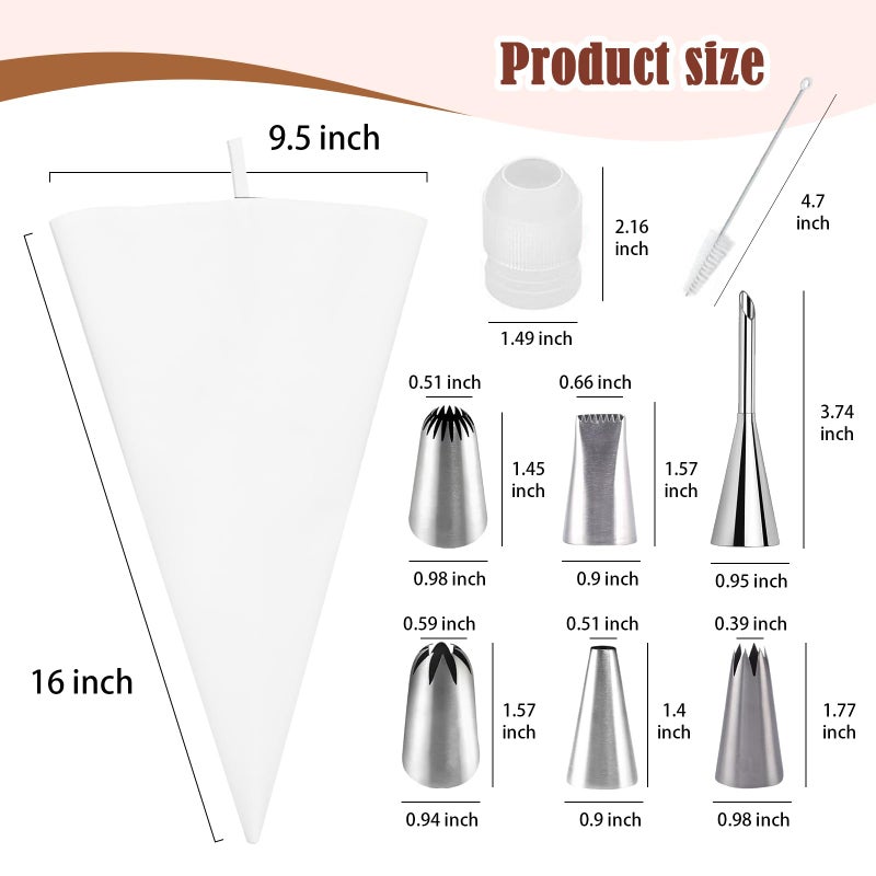 FUGVBB 9-Piece Reusable Piping Bags and Tips Set- Cotton Baking Kit with Coupler, Stainless Steel Nozzles & Cleaner for Cakes/Cupcakes/Cookies Decorating - Image 2