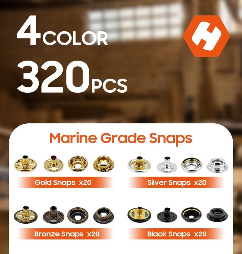 HAPDEN Snap Tool for Boat Covers, Heavy Duty Snap Fastener Tool, Snap Installation Tool with 320 PCS 4 Color 15mm Metal Snaps for Fabric - Image 2