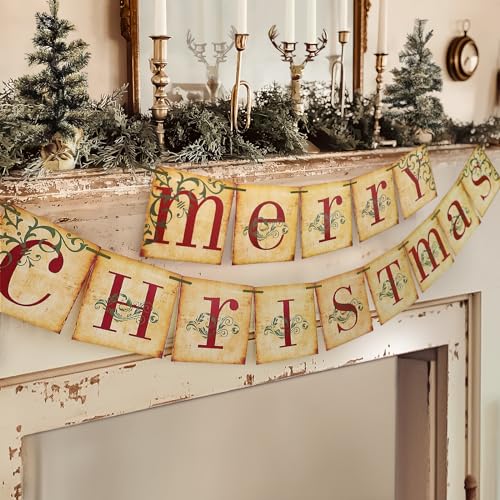 ORIENTAL CHERRY Christmas Decorations - Vintage Merry Christmas Banner - Retro Nostalgic Traditional Old Fashioned Victorian Xmas Holiday Clearance Decor for Indoor Home Office Fireplace Mantle Farmhouse - Image 1