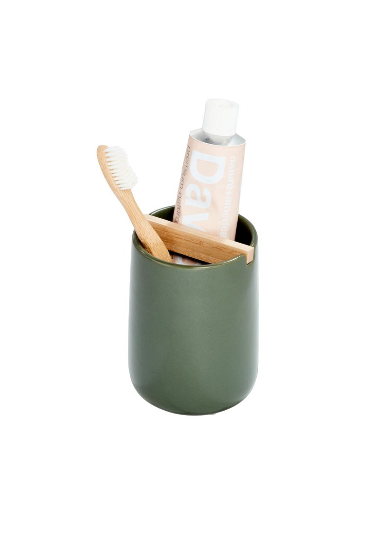 InterDesign iDesign Ceramic Earth Collection Toothbrush Holder with Paulownia Wood Divider MossNatural Wood 