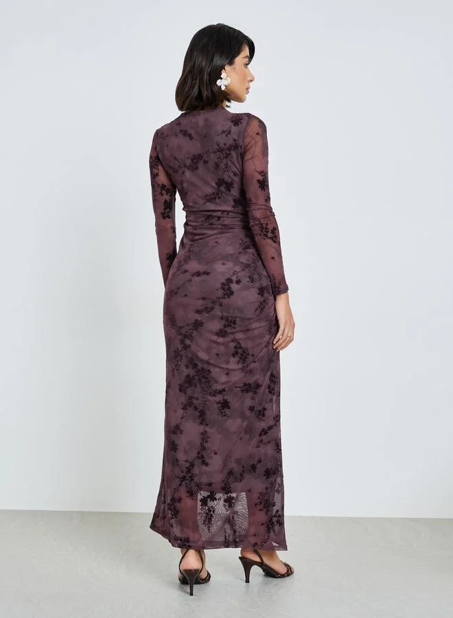 Styli dark purple Magenta Floral Mesh Bodycon Maxi Dress for Women | Best Price UAE