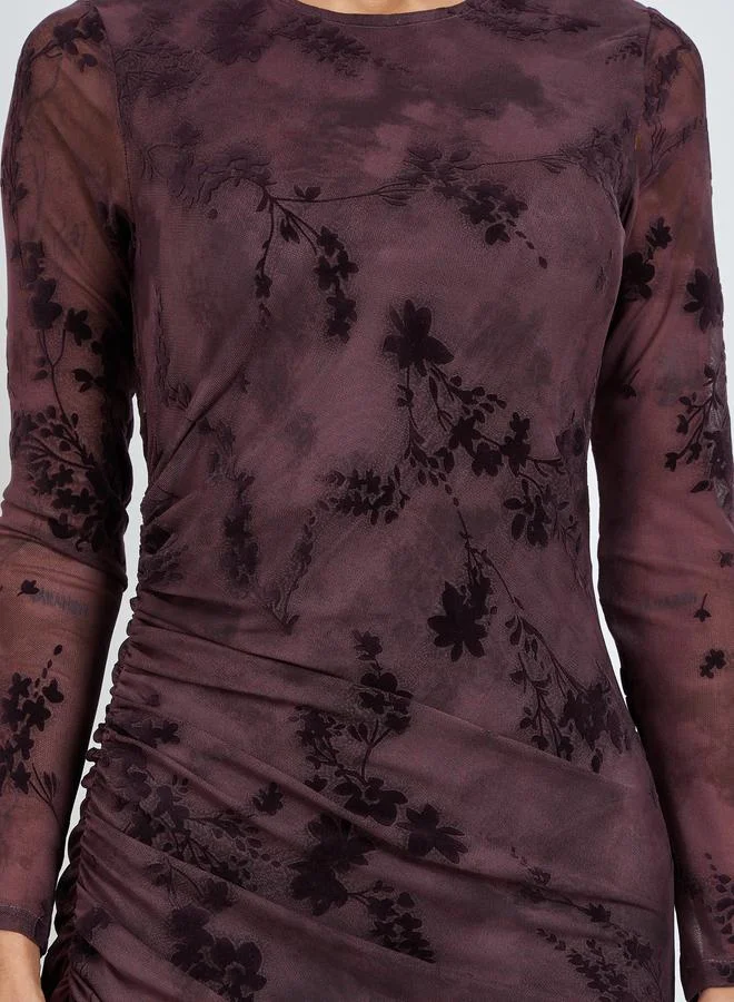 Styli dark purple Magenta Floral Mesh Bodycon Maxi Dress for Women | Best Price UAE