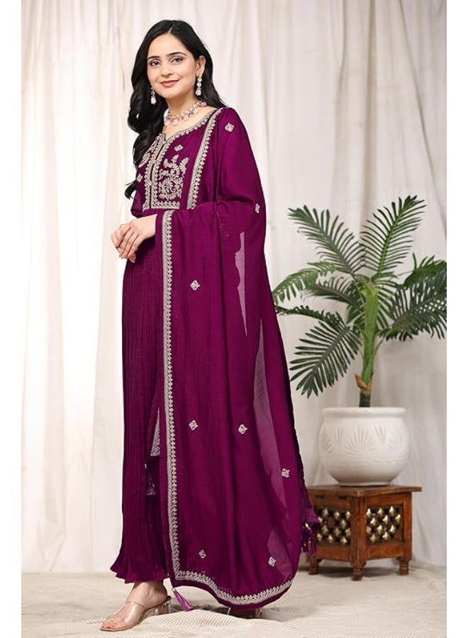 TRENDMALLS M طقم بدلة نسائية من الحرير المطرز من فيتشيترا للنساء من تريندمالز، يتكون من سالوار، أناركالي، كورتا، ودوباتا - Image 4