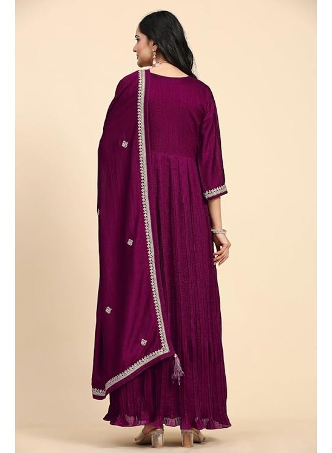 TRENDMALLS M طقم بدلة نسائية من الحرير المطرز من فيتشيترا للنساء من تريندمالز، يتكون من سالوار، أناركالي، كورتا، ودوباتا - Image 2