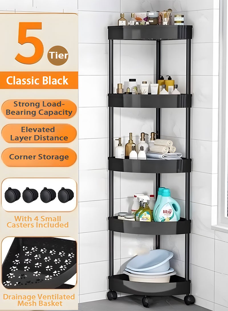 عربة تخزين منظم حمام من 5 طبقات عربة تخزين متنقلة وحدة أرفف متنقلة أرفف أرفف حمام أرفف حمام زاوية دش متحرك عربة أدوات مساعدة قابلة للانزلاق منظم بلاستيك للمطبخ حمام حمام غسيل حمام أسود 34.5 × 34.5 × 105 سم - Image 1