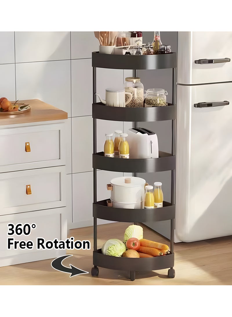 عربة تخزين منظم حمام من 5 طبقات عربة تخزين متنقلة وحدة أرفف متنقلة أرفف أرفف حمام أرفف حمام زاوية دش متحرك عربة أدوات مساعدة قابلة للانزلاق منظم بلاستيك للمطبخ حمام حمام غسيل حمام أسود 34.5 × 34.5 × 105 سم - Image 3