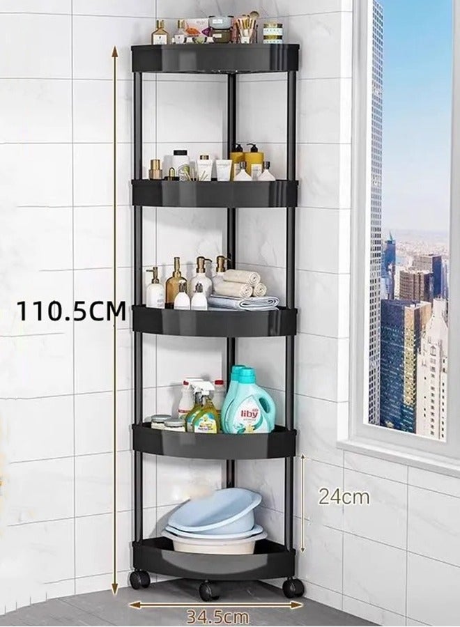 عربة تخزين منظم حمام من 5 طبقات عربة تخزين متنقلة وحدة أرفف متنقلة أرفف أرفف حمام أرفف حمام زاوية دش متحرك عربة أدوات مساعدة قابلة للانزلاق منظم بلاستيك للمطبخ حمام حمام غسيل حمام أسود 34.5 × 34.5 × 105 سم - Image 2