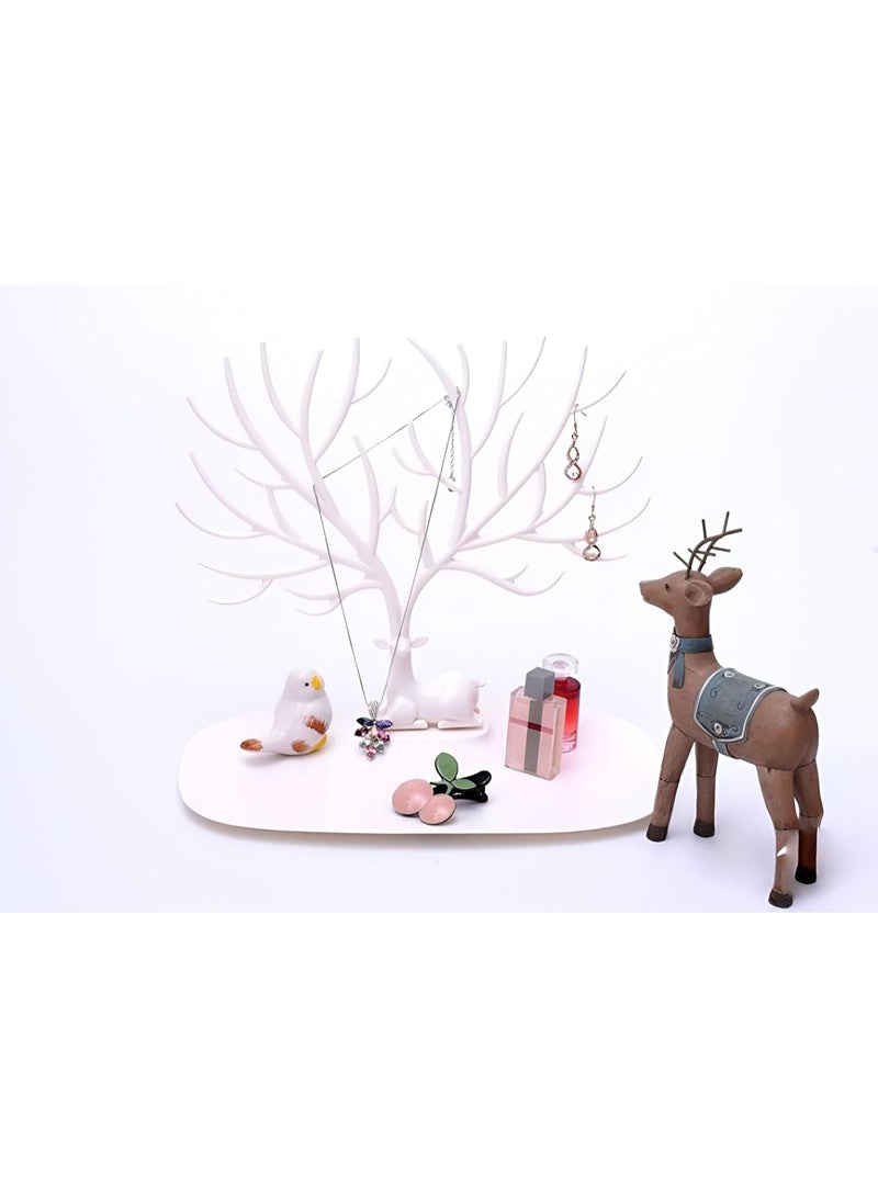 Large Capacity Deer Tree Jewelry Display Stand with Base Tray - Stylish Antler Jewelry Organizer for Tangle-Free Necklaces and Stud Earrings - Versatile Accessory Holder for Watches, Glasses, and Keys - High-Quality Desktop Storage Rack-White - Image 2