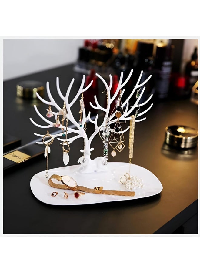 Large Capacity Deer Tree Jewelry Display Stand with Base Tray - Stylish Antler Jewelry Organizer for Tangle-Free Necklaces and Stud Earrings - Versatile Accessory Holder for Watches, Glasses, and Keys - High-Quality Desktop Storage Rack-White - Image 5