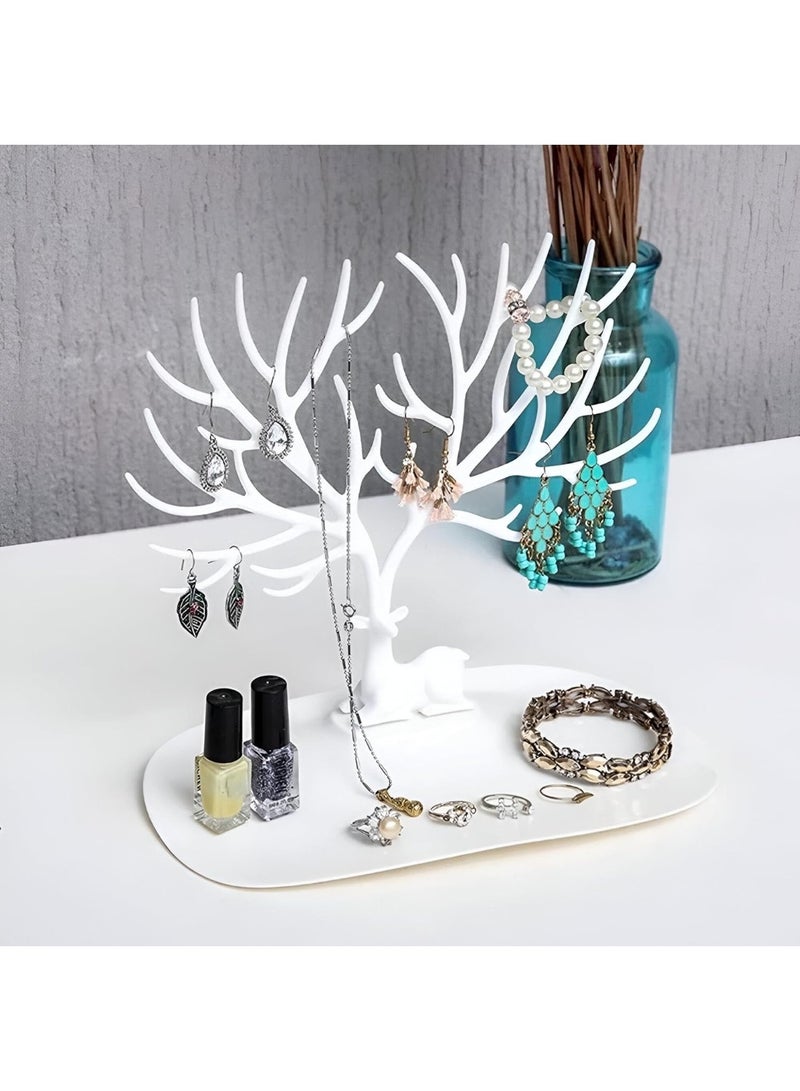Large Capacity Deer Tree Jewelry Display Stand with Base Tray - Stylish Antler Jewelry Organizer for Tangle-Free Necklaces and Stud Earrings - Versatile Accessory Holder for Watches, Glasses, and Keys - High-Quality Desktop Storage Rack-White - Image 3