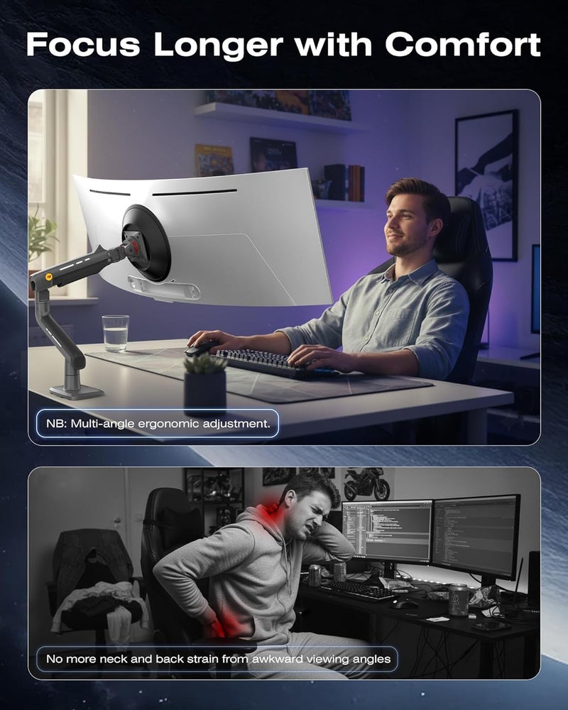 NB ERGONOMIC Heavy Duty Gaming Monitor Arm for Flat/Ultrawide/Curved Monitors 32 to 60 inch, Heavy Duty Monitor Stand Load up to 20 kg, VESA 75/100 mm Mount (Grey Black) F5-G - Image 4
