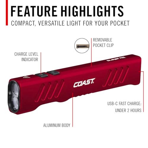 Coast Slayer 1150 Lumen USB-C Rechargeable LED Flashlight with Spot/Flood, Memory Mode and Pocket Clip, RED - Image 3