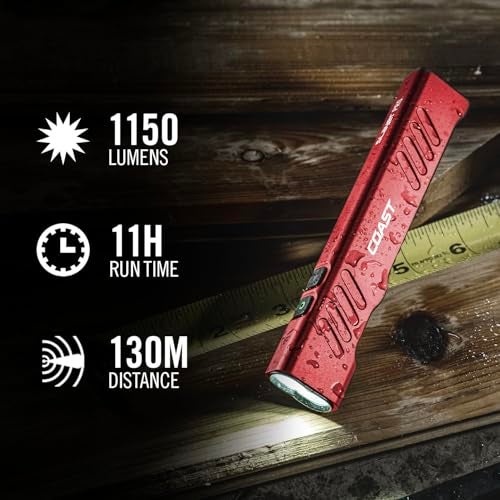 Coast Slayer 1150 Lumen USB-C Rechargeable LED Flashlight with Spot/Flood, Memory Mode and Pocket Clip, RED - Image 2