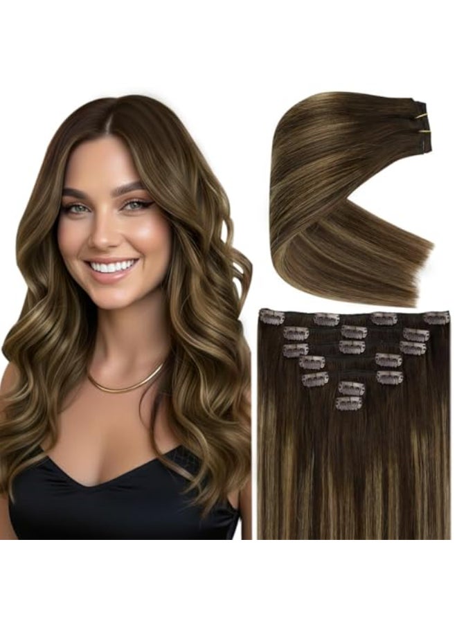Ve Sunny Clip in Hair Extensions Real Human Hair Balayage Medium Brown Mix Caramel Blonde Ombre Remy Hair Extensions Clip ins for Women Thick Straight 16 inch 120g 7pcs - Image 1
