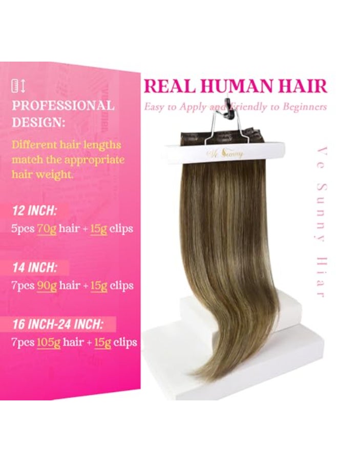 Ve Sunny Clip in Hair Extensions Real Human Hair Balayage Medium Brown Mix Caramel Blonde Ombre Remy Hair Extensions Clip ins for Women Thick Straight 16 inch 120g 7pcs - Image 3
